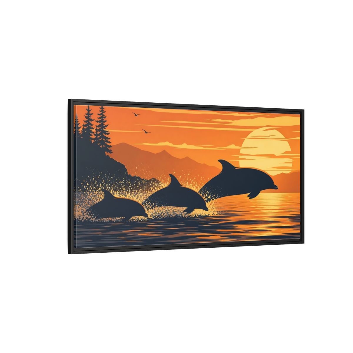 Side Mockup 5. Nature Dolphins Orange And Blue shown as stretched canvas wall art