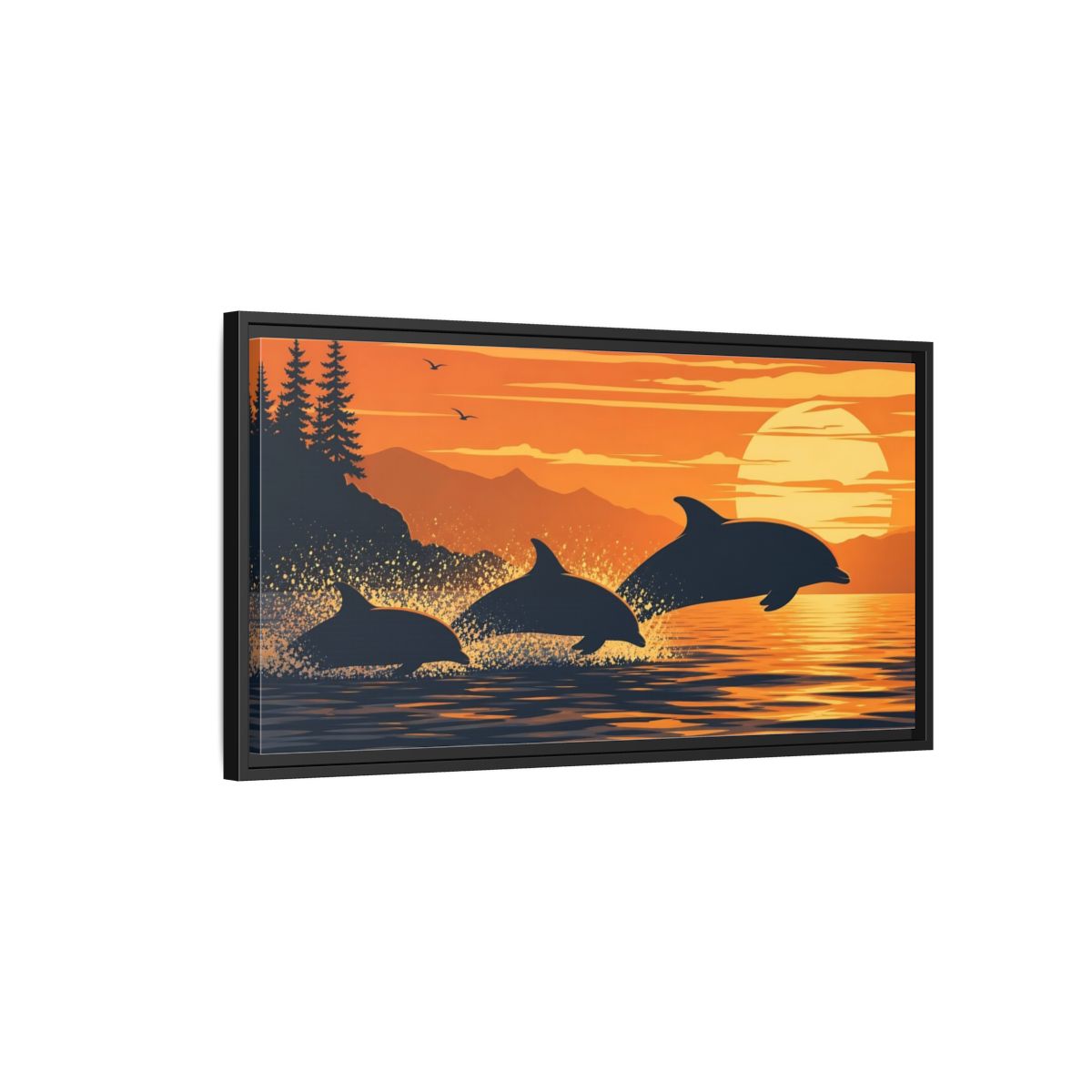 Side Mockup 2. Nature Dolphins Orange And Blue shown as stretched canvas wall art