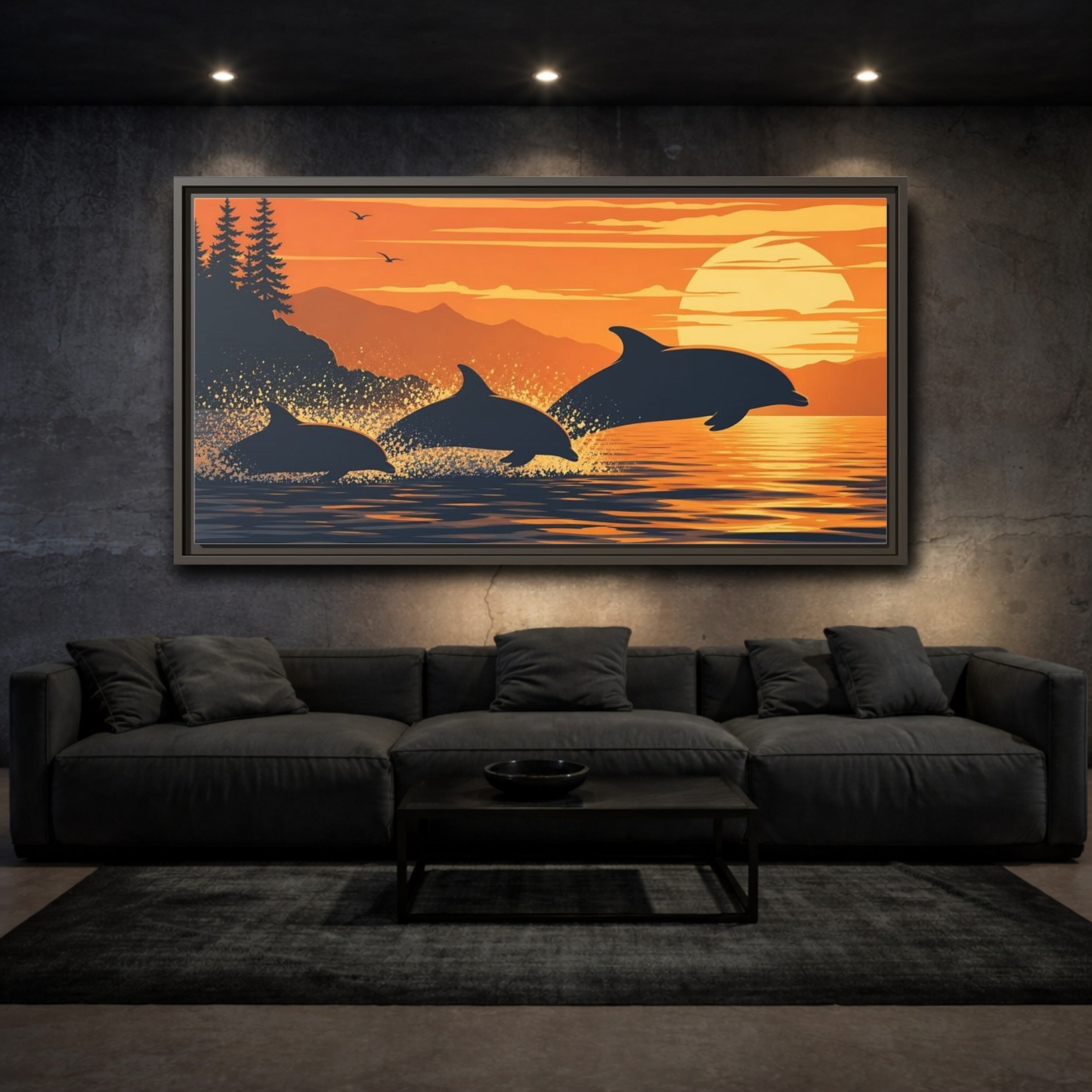 Mockup 3. Nature Dolphins Orange And Blue shown as stretched canvas wall art