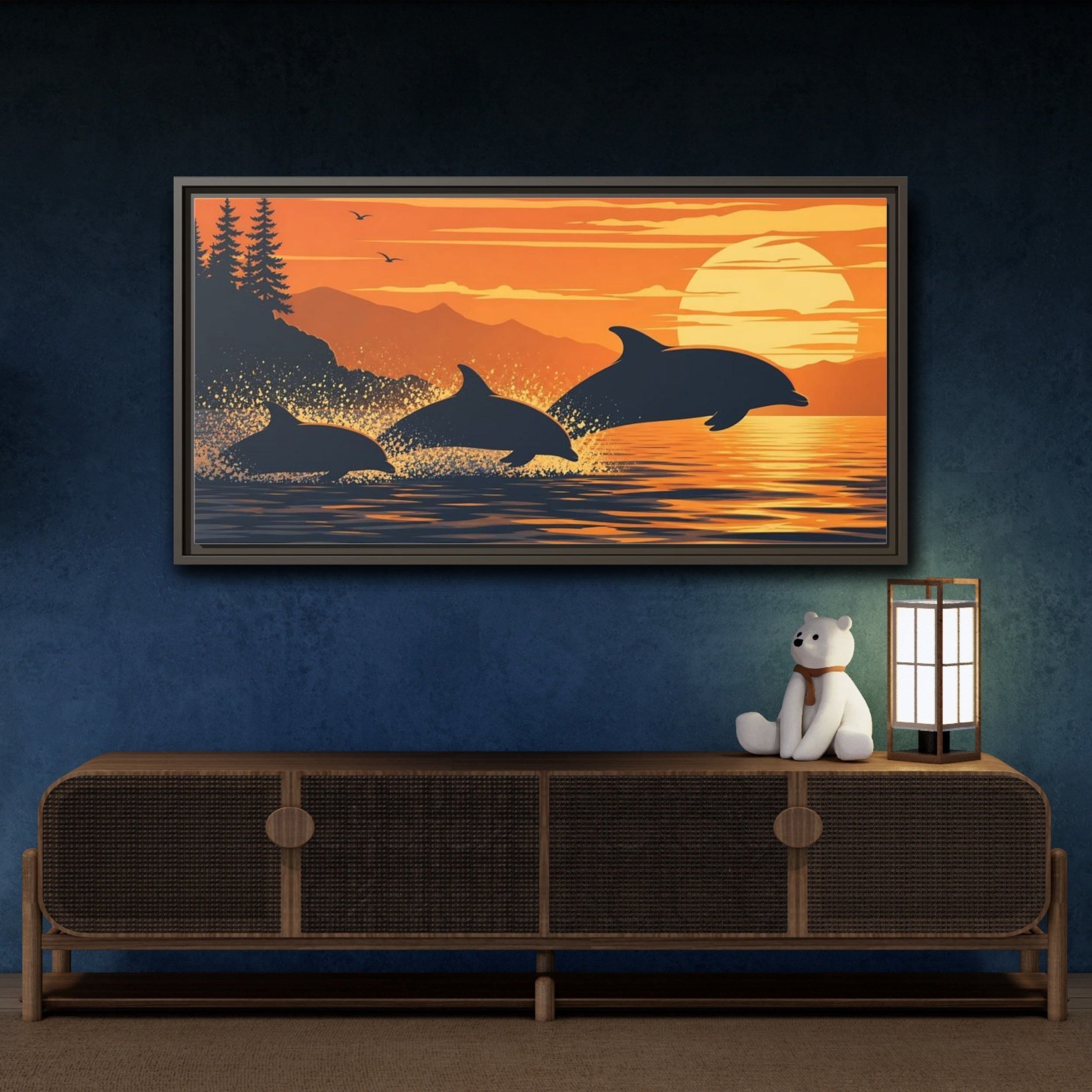 Mockup 4. Nature Dolphins Orange And Blue shown as stretched canvas wall art