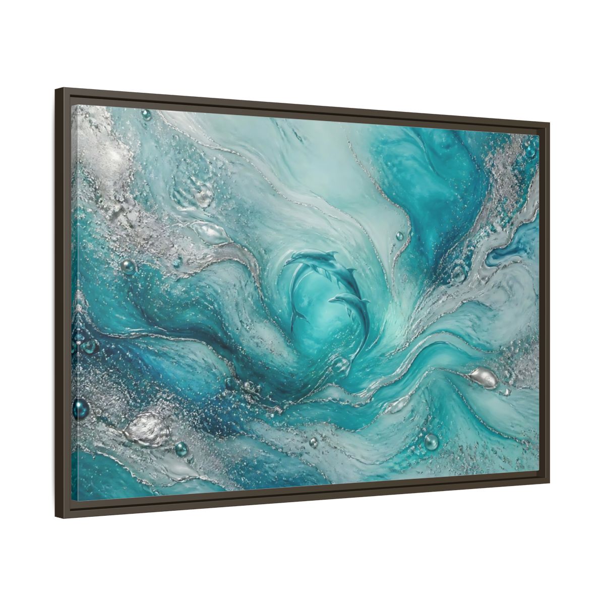 Main Mockup. Nature Dolphins Teal Silver Dolphins shown as stretched canvas wall art