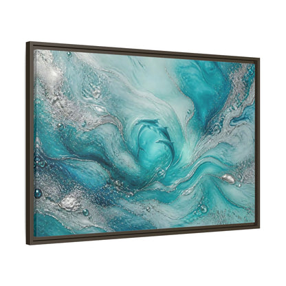 Main Mockup. Nature Dolphins Teal Silver Dolphins shown as stretched canvas wall art