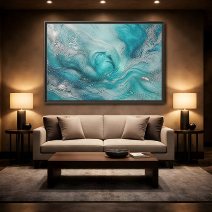 Mockup 2. Nature Dolphins Teal Silver Dolphins shown as stretched canvas wall art