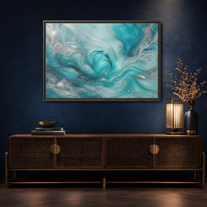Mockup 4. Nature Dolphins Teal Silver Dolphins shown as stretched canvas wall art