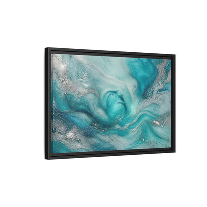 Side Mockup 3. Nature Dolphins Teal Silver Dolphins shown as stretched canvas wall art