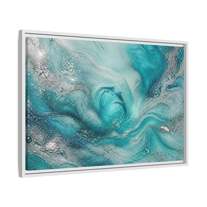 Side Mockup 10. Nature Dolphins Teal Silver Dolphins shown as stretched canvas wall art