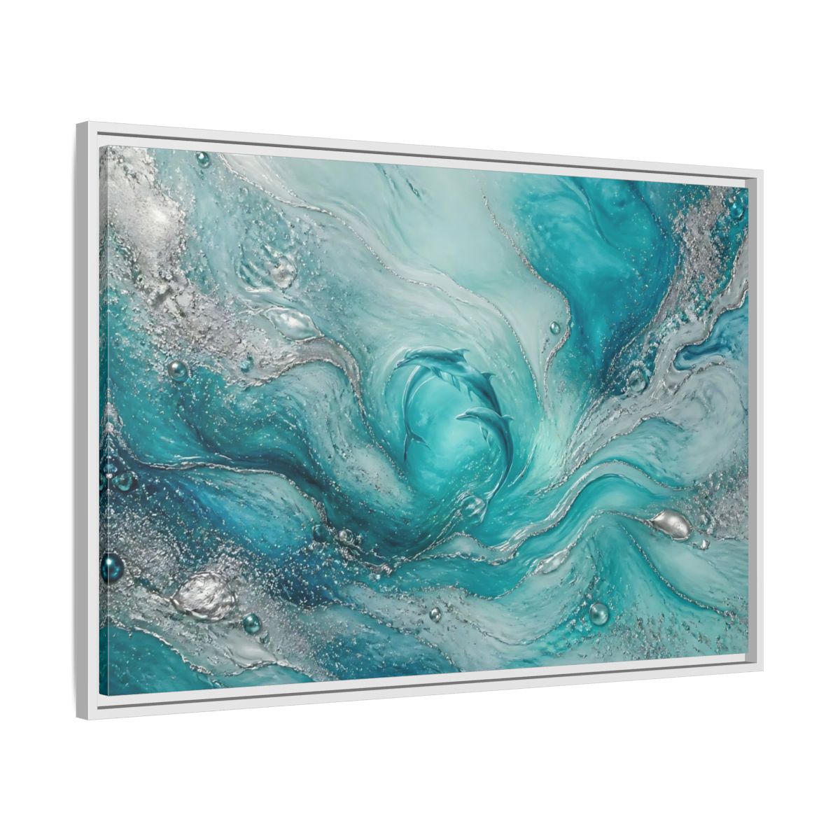 Side Mockup 9. Nature Dolphins Teal Silver Dolphins shown as stretched canvas wall art