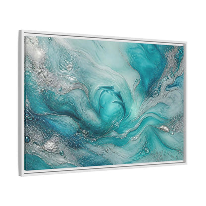 Side Mockup 9. Nature Dolphins Teal Silver Dolphins shown as stretched canvas wall art