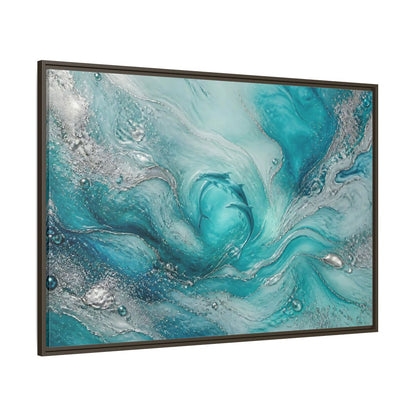 Side Mockup 8. Nature Dolphins Teal Silver Dolphins shown as stretched canvas wall art