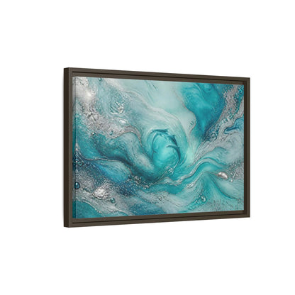 Side Mockup 2. Nature Dolphins Teal Silver Dolphins shown as stretched canvas wall art