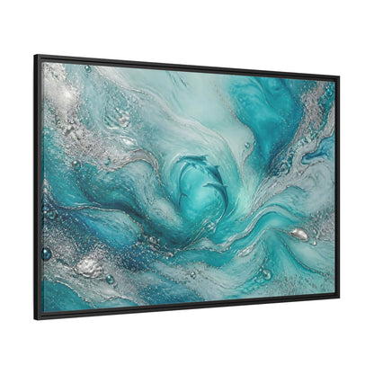 Side Mockup 12. Nature Dolphins Teal Silver Dolphins shown as stretched canvas wall art