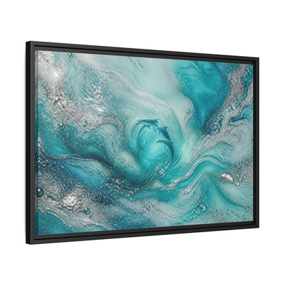 Side Mockup 14. Nature Dolphins Teal Silver Dolphins shown as stretched canvas wall art