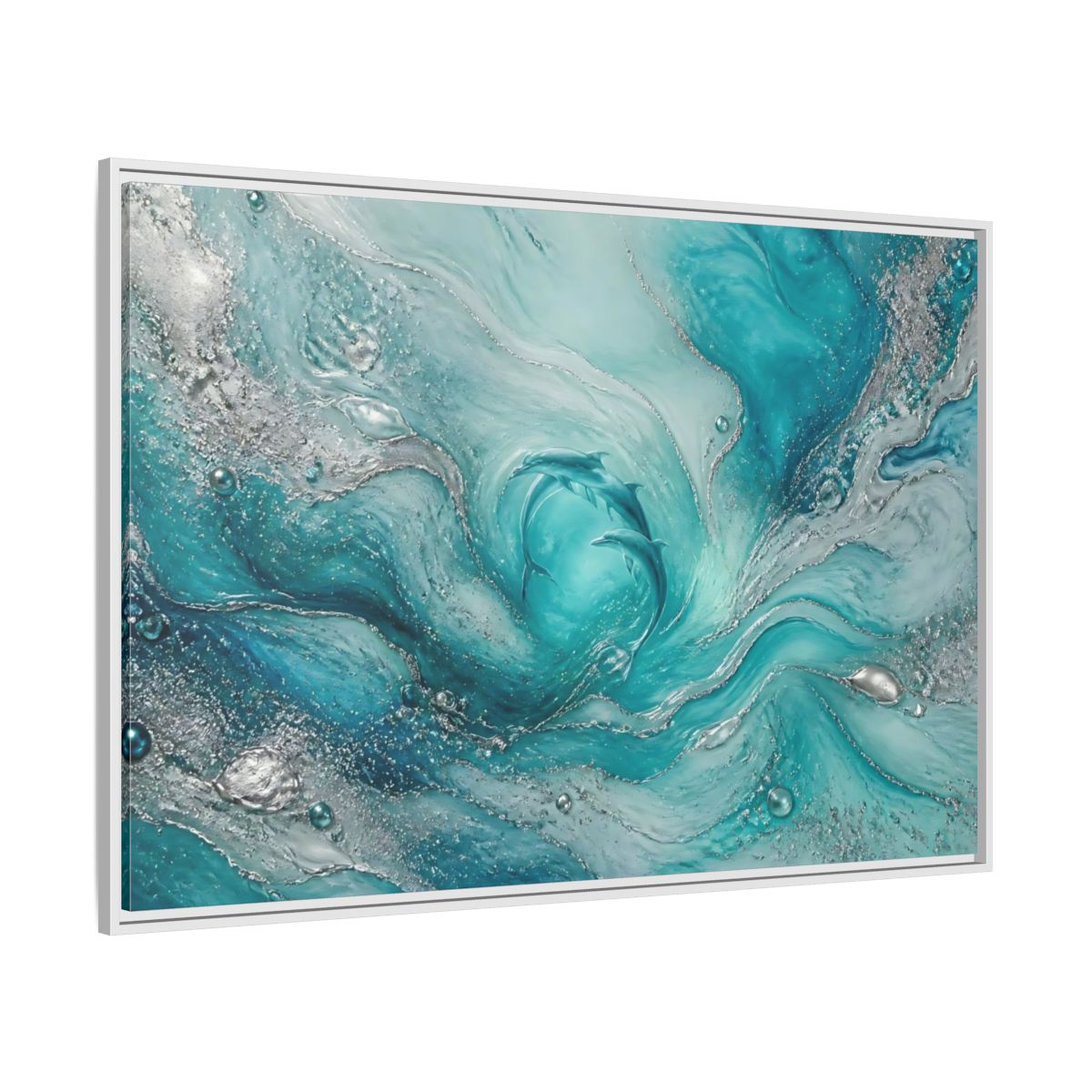 Side Mockup 7. Nature Dolphins Teal Silver Dolphins shown as stretched canvas wall art