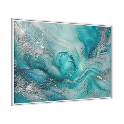Side Mockup 7. Nature Dolphins Teal Silver Dolphins shown as stretched canvas wall art