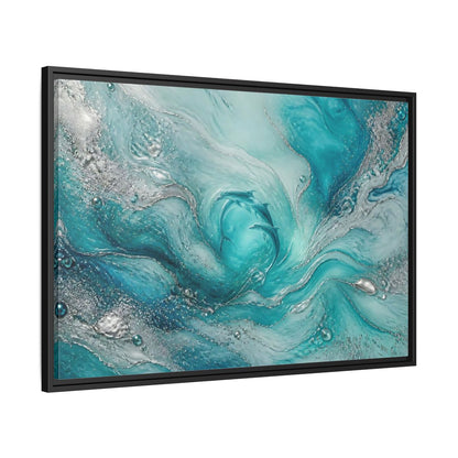 Side Mockup 13. Nature Dolphins Teal Silver Dolphins shown as stretched canvas wall art
