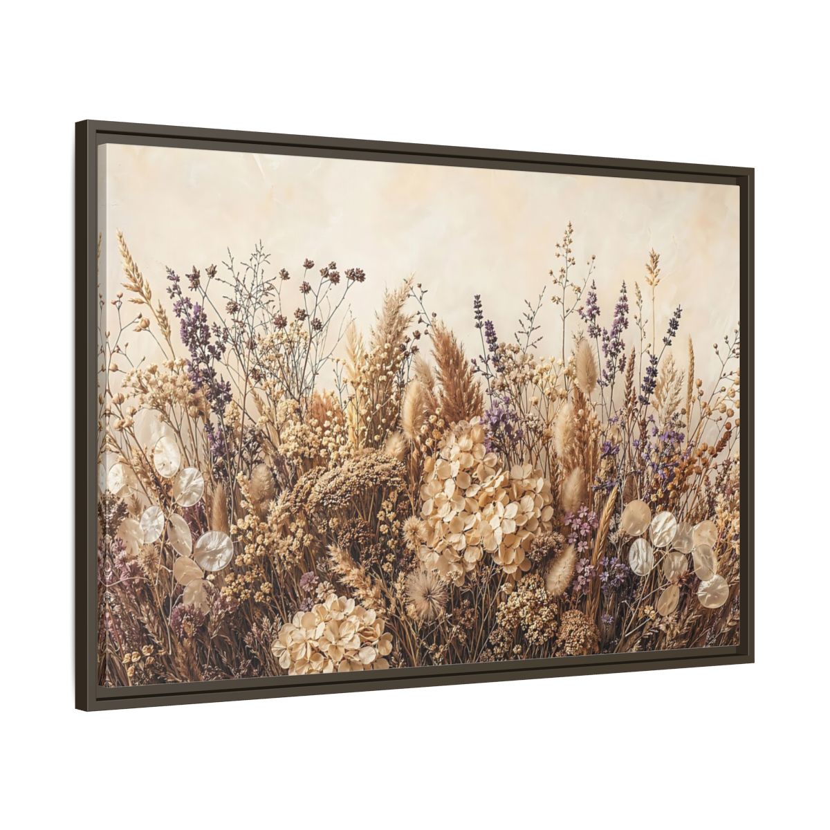 Main Mockup. Nature Dried Flowers Dried Floral Beige Purple shown as stretched canvas wall art