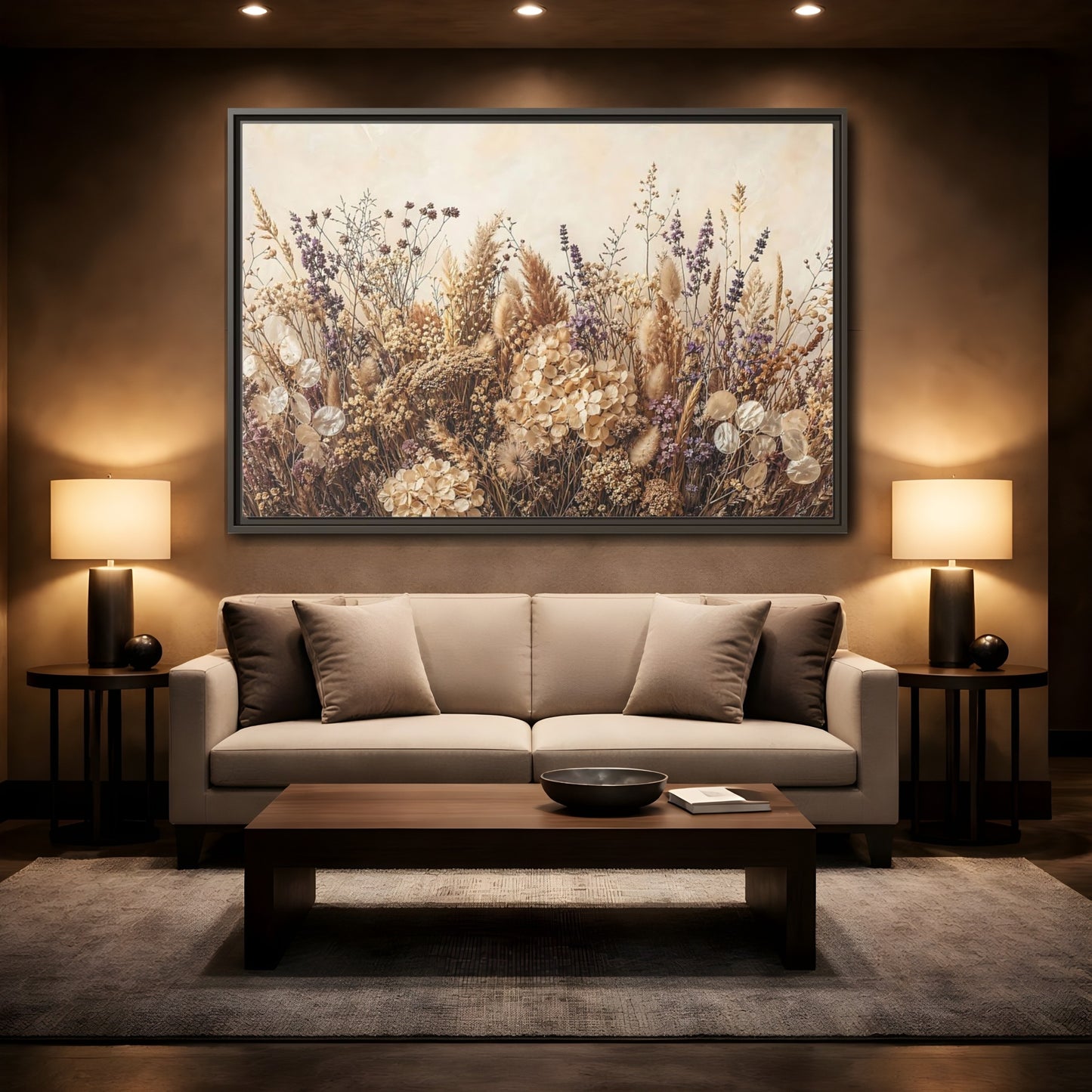 Mockup 2. Nature Dried Flowers Dried Floral Beige Purple shown as stretched canvas wall art