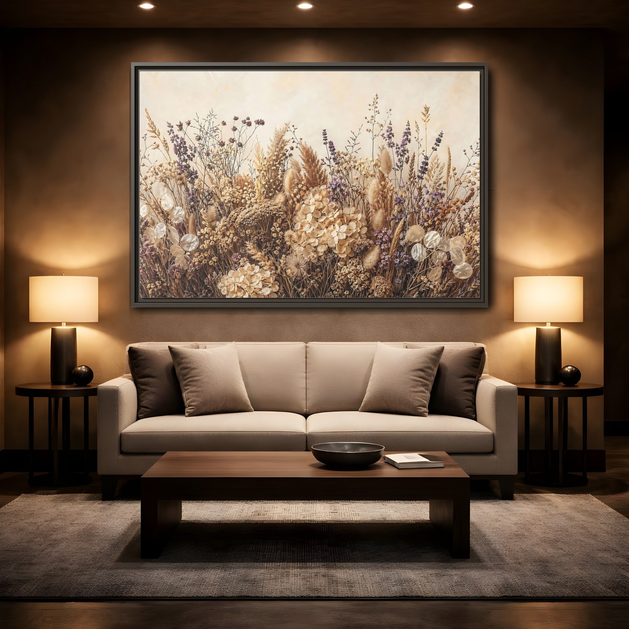Mockup 2. Nature Dried Flowers Dried Floral Beige Purple shown as stretched canvas wall art