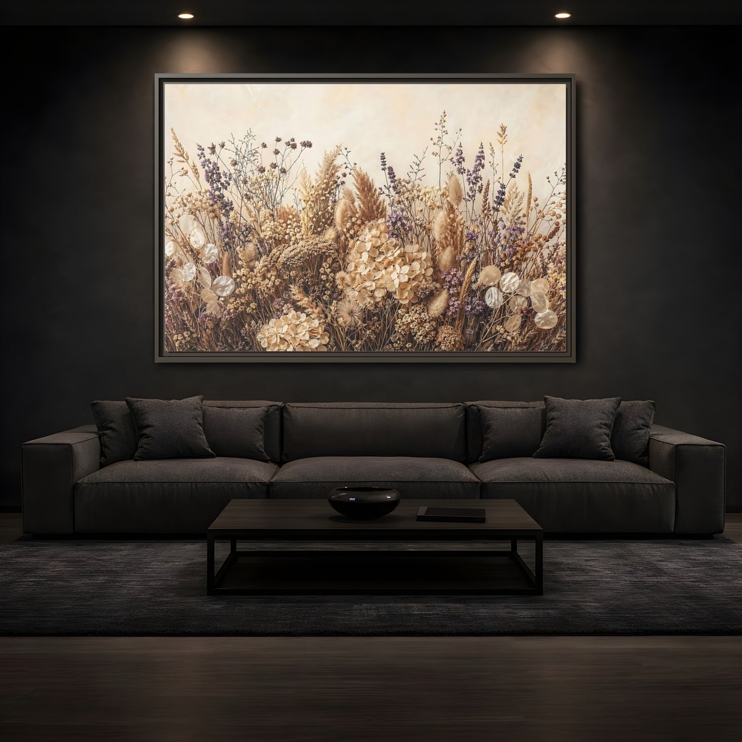 Mockup 3. Nature Dried Flowers Dried Floral Beige Purple shown as stretched canvas wall art