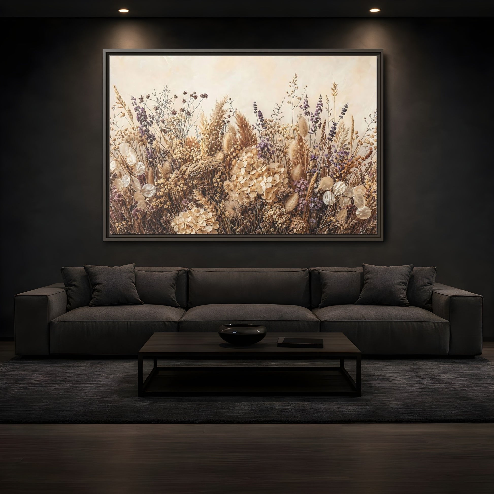 Mockup 3. Nature Dried Flowers Dried Floral Beige Purple shown as stretched canvas wall art