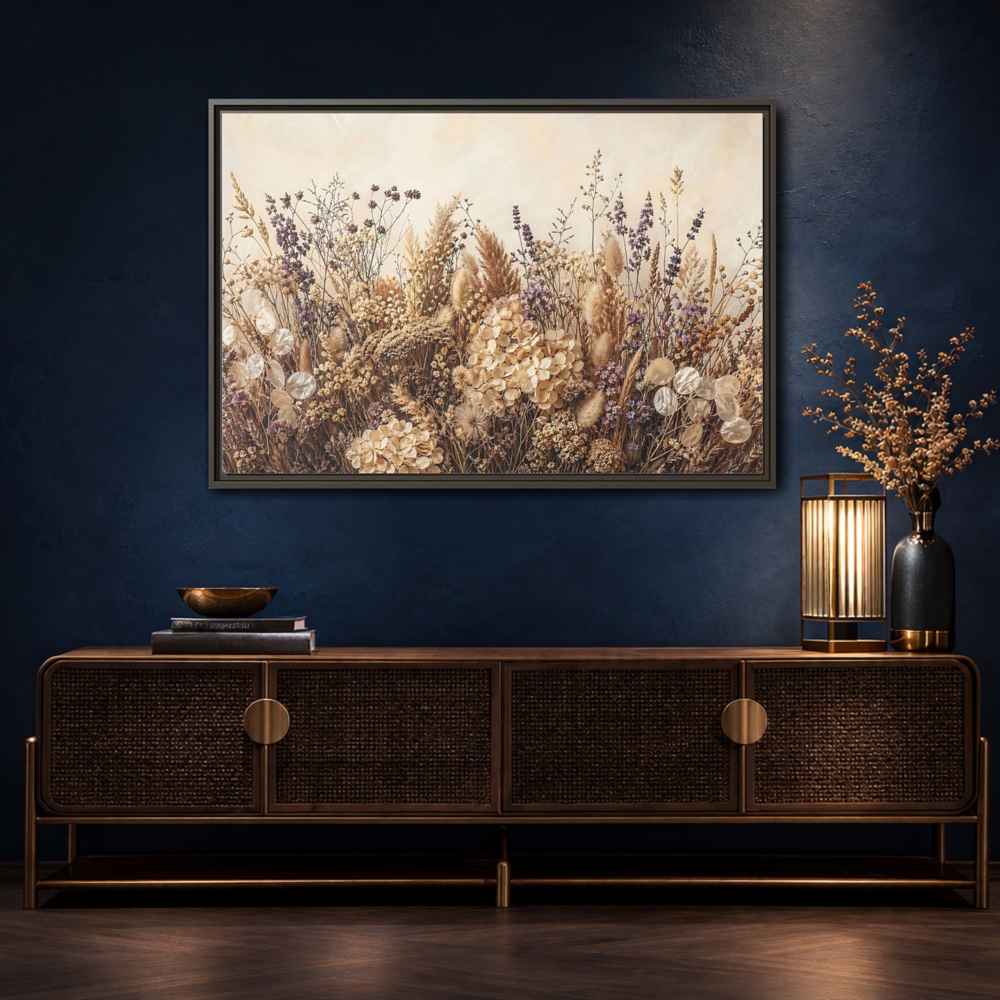Mockup 4. Nature Dried Flowers Dried Floral Beige Purple shown as stretched canvas wall art