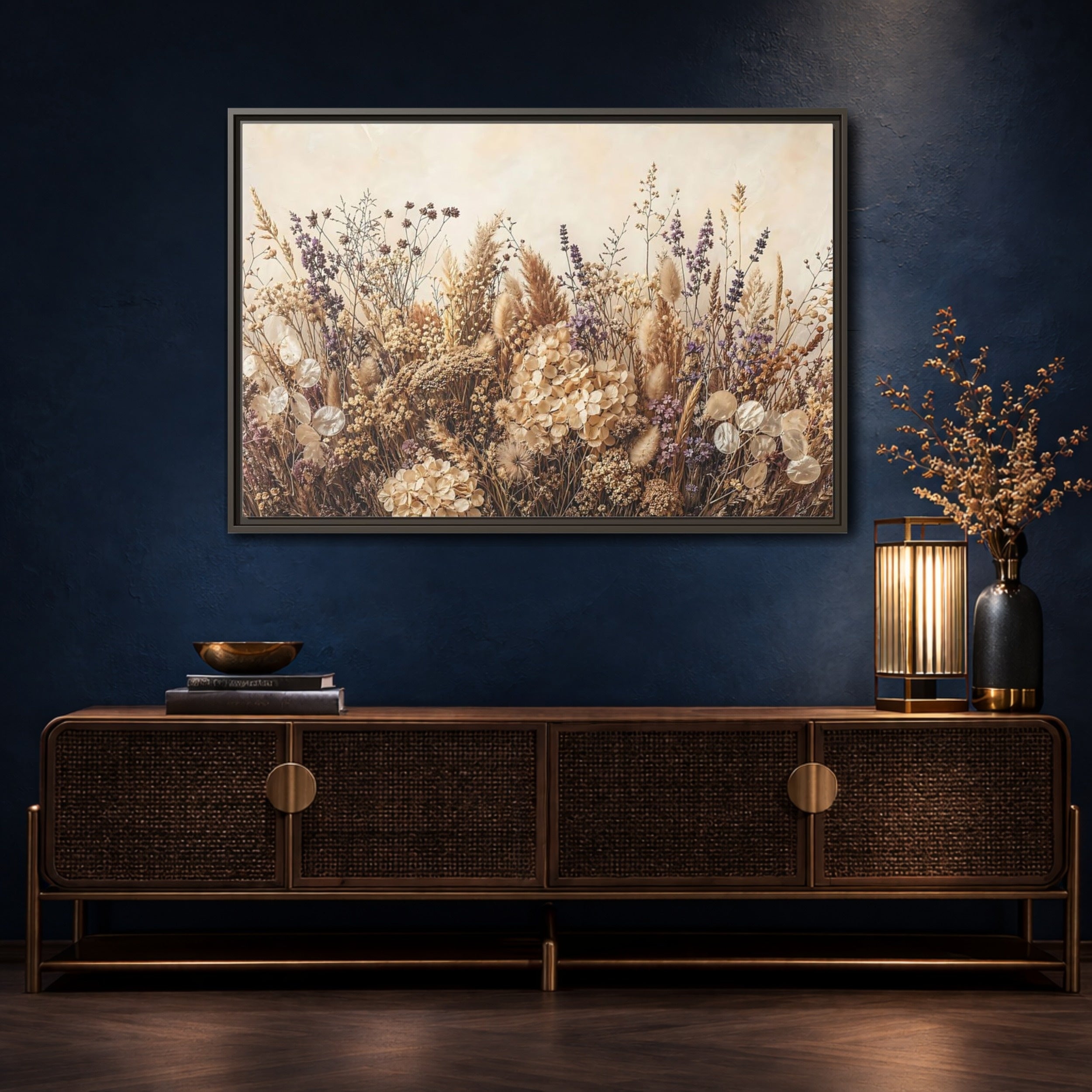 Mockup 4. Nature Dried Flowers Dried Floral Beige Purple shown as stretched canvas wall art