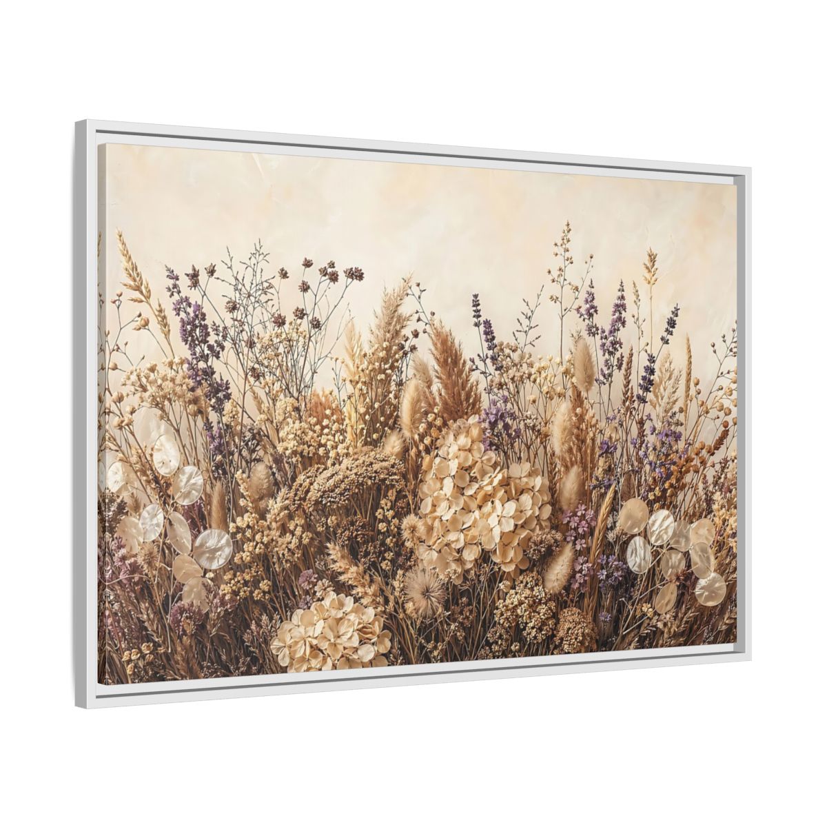 Side Mockup 9. Nature Dried Flowers Dried Floral Beige Purple shown as stretched canvas wall art
