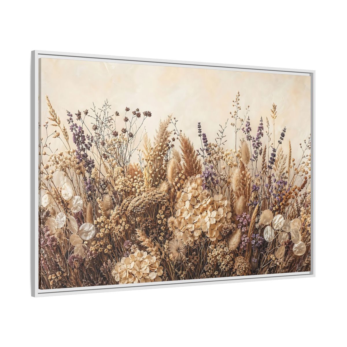 Side Mockup 7. Nature Dried Flowers Dried Floral Beige Purple shown as stretched canvas wall art