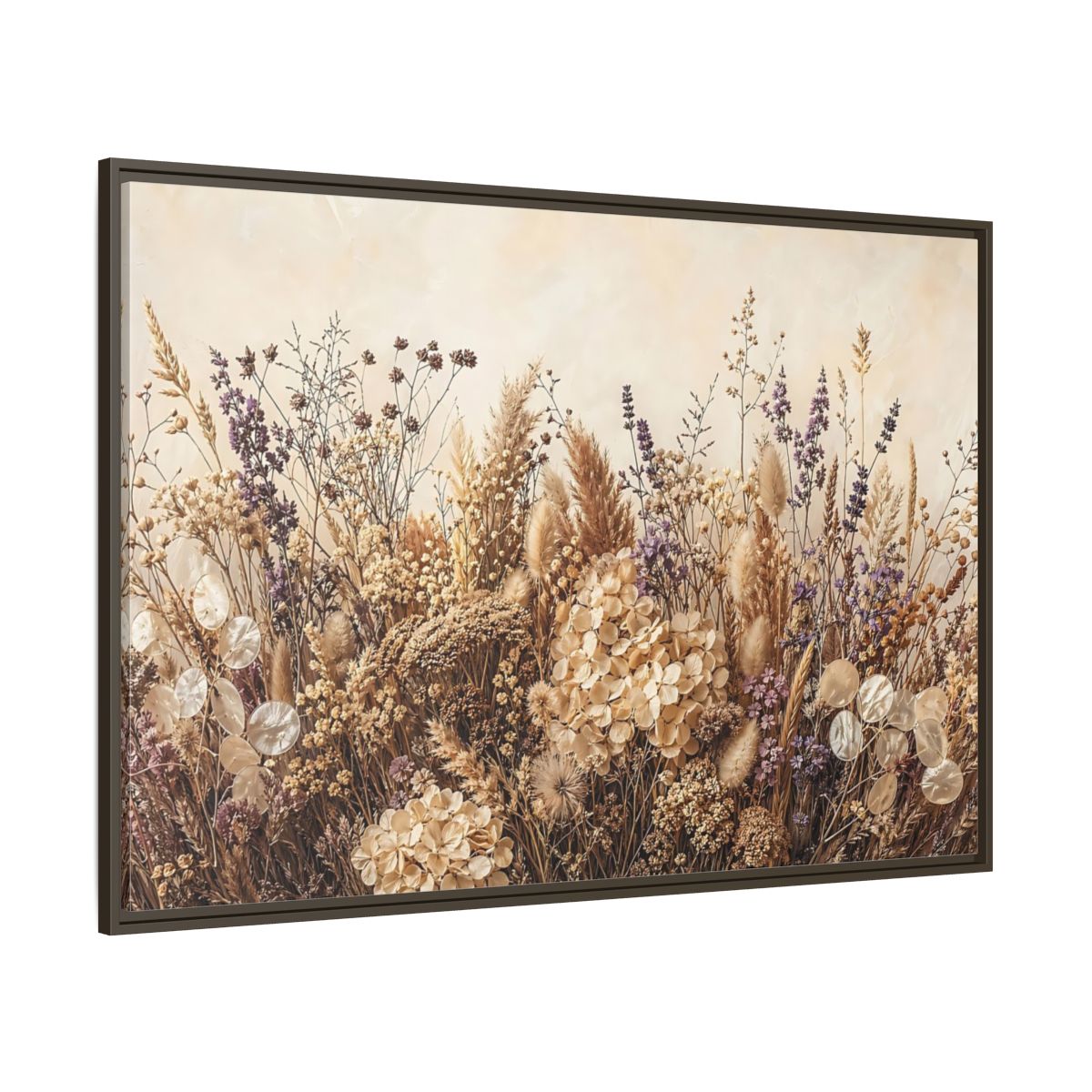 Side Mockup 8. Nature Dried Flowers Dried Floral Beige Purple shown as stretched canvas wall art