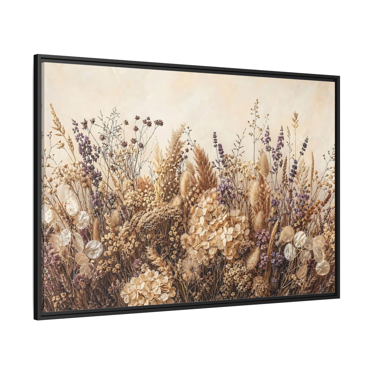 Side Mockup 12. Nature Dried Flowers Dried Floral Beige Purple shown as stretched canvas wall art
