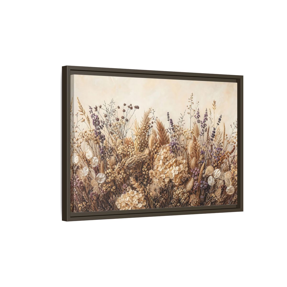 Side Mockup 2. Nature Dried Flowers Dried Floral Beige Purple shown as stretched canvas wall art