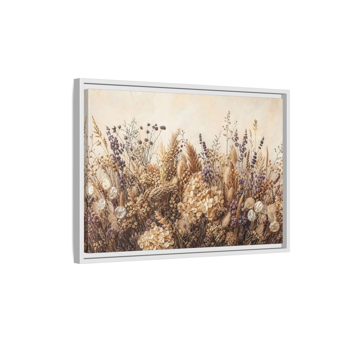 Side Mockup 1. Nature Dried Flowers Dried Floral Beige Purple shown as stretched canvas wall art