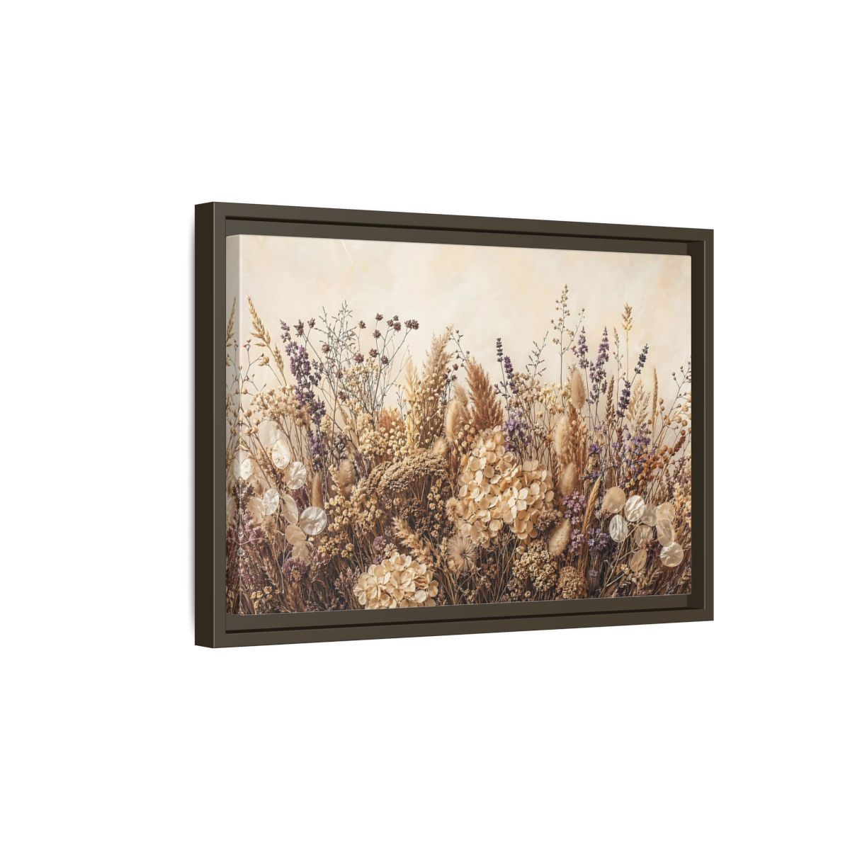 Side Mockup 5. Nature Dried Flowers Dried Floral Beige Purple shown as stretched canvas wall art