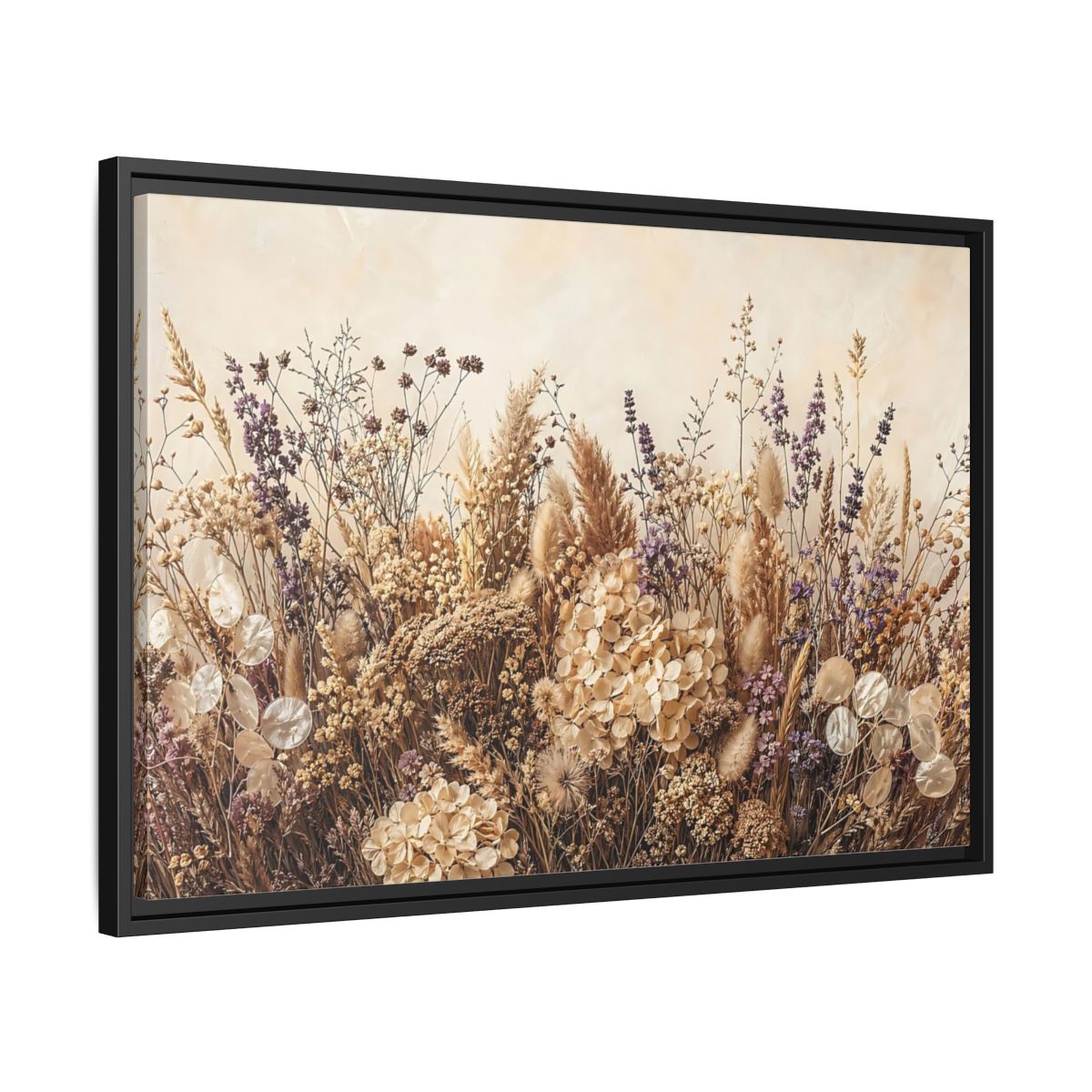 Side Mockup 14. Nature Dried Flowers Dried Floral Beige Purple shown as stretched canvas wall art