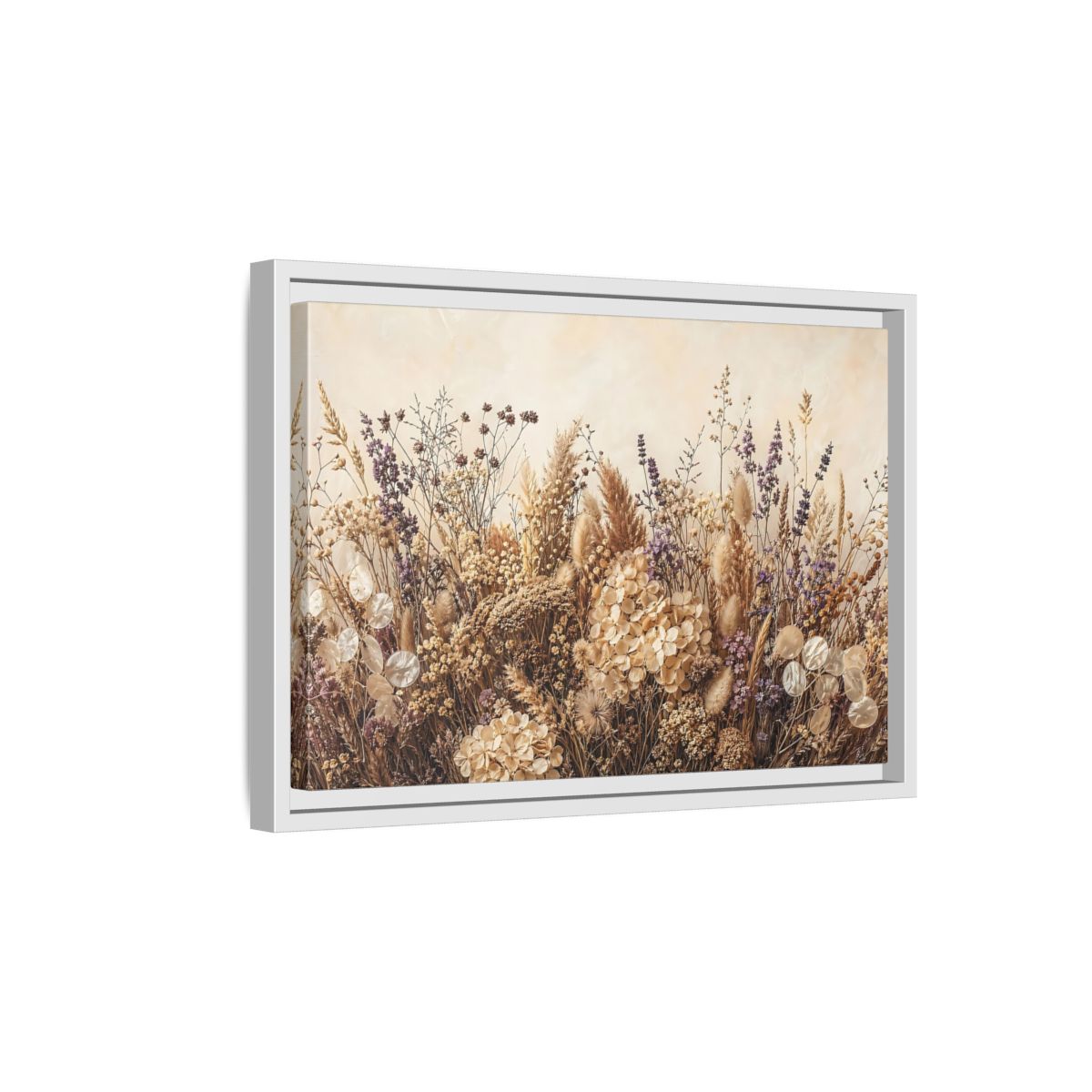 Side Mockup 4. Nature Dried Flowers Dried Floral Beige Purple shown as stretched canvas wall art