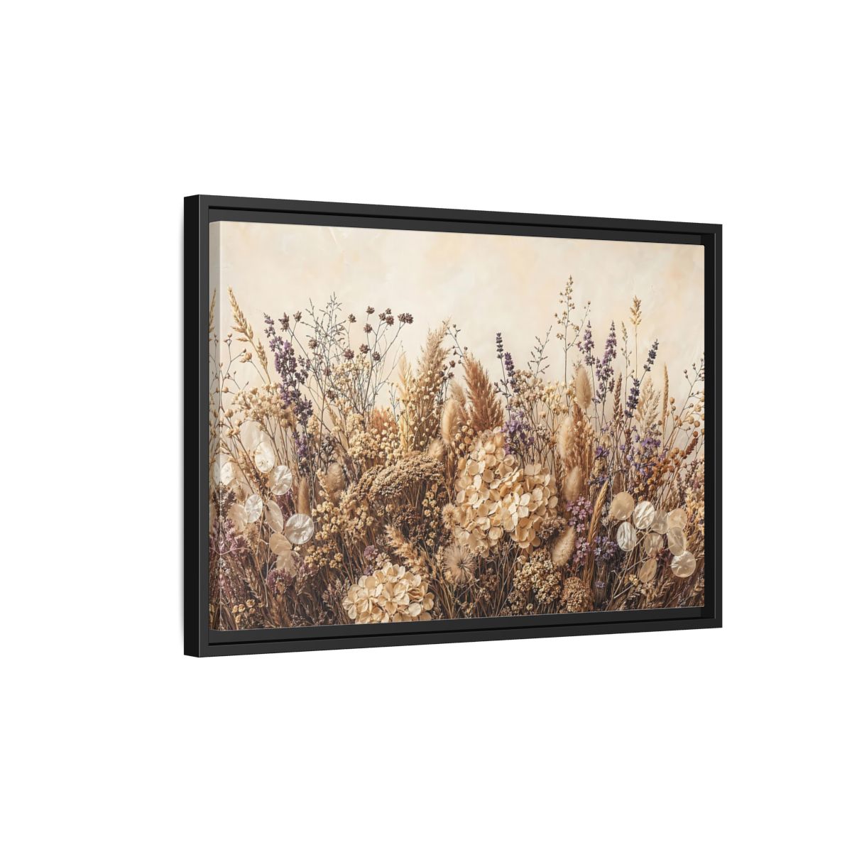 Side Mockup 3. Nature Dried Flowers Dried Floral Beige Purple shown as stretched canvas wall art