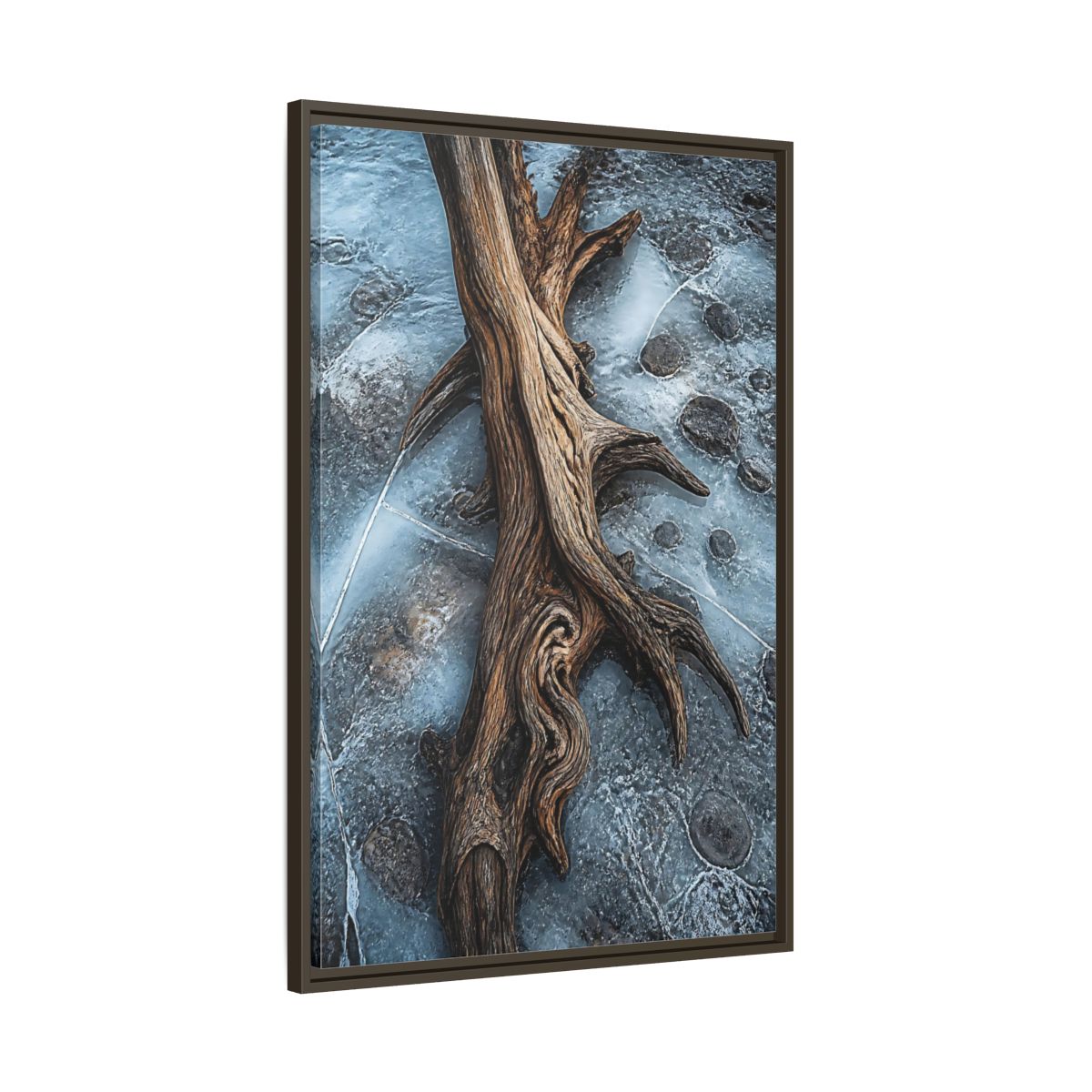 Main Mockup. Nature Driftwood Brown And Blue shown as stretched canvas wall art