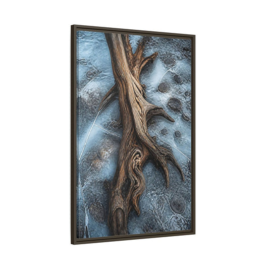 Main Mockup. Nature Driftwood Brown And Blue shown as stretched canvas wall art