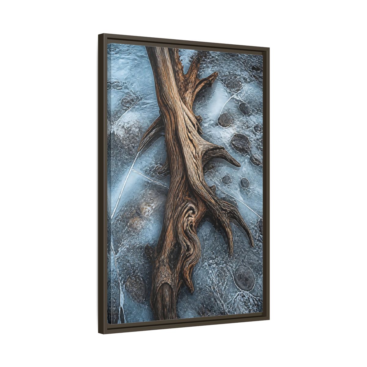 Side Mockup 11. Nature Driftwood Brown And Blue shown as stretched canvas wall art