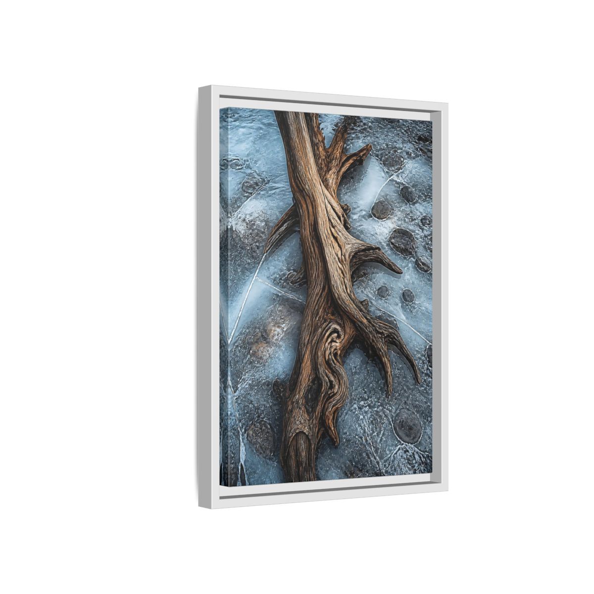 Side Mockup 4. Nature Driftwood Brown And Blue shown as stretched canvas wall art