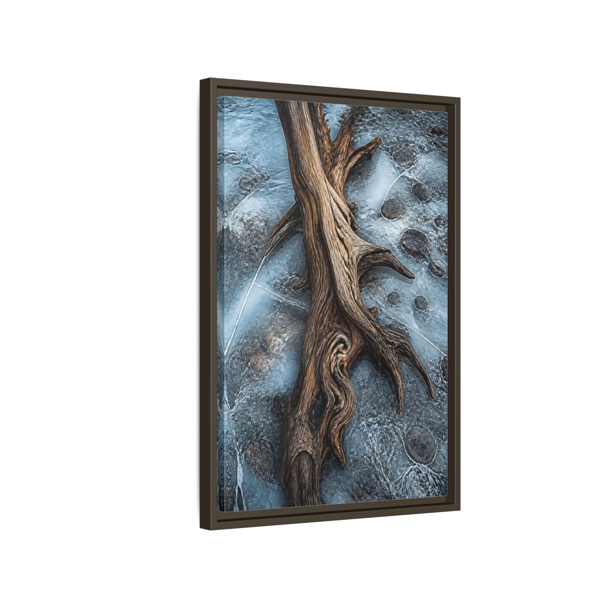 Side Mockup 2. Nature Driftwood Brown And Blue shown as stretched canvas wall art