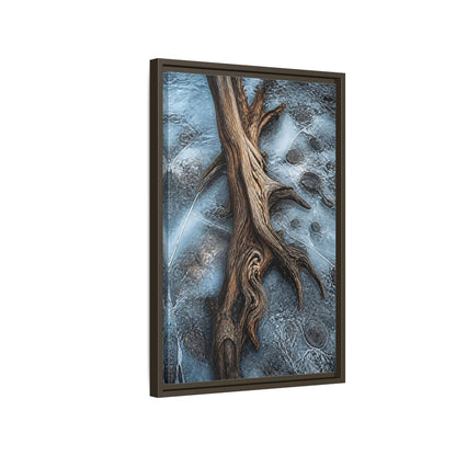 Side Mockup 2. Nature Driftwood Brown And Blue shown as stretched canvas wall art