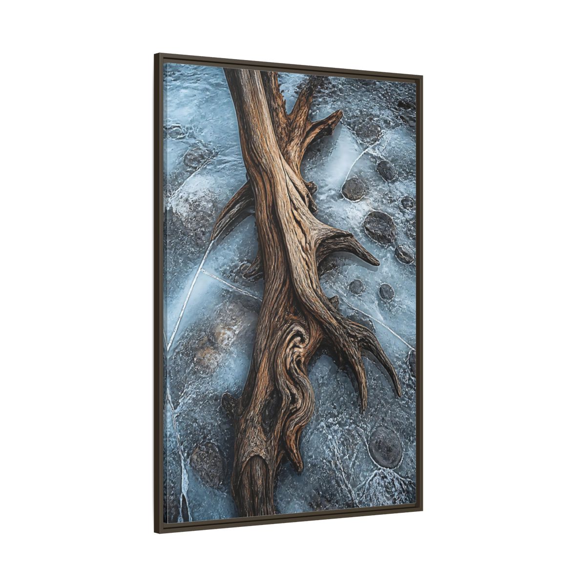 Side Mockup 8. Nature Driftwood Brown And Blue shown as stretched canvas wall art