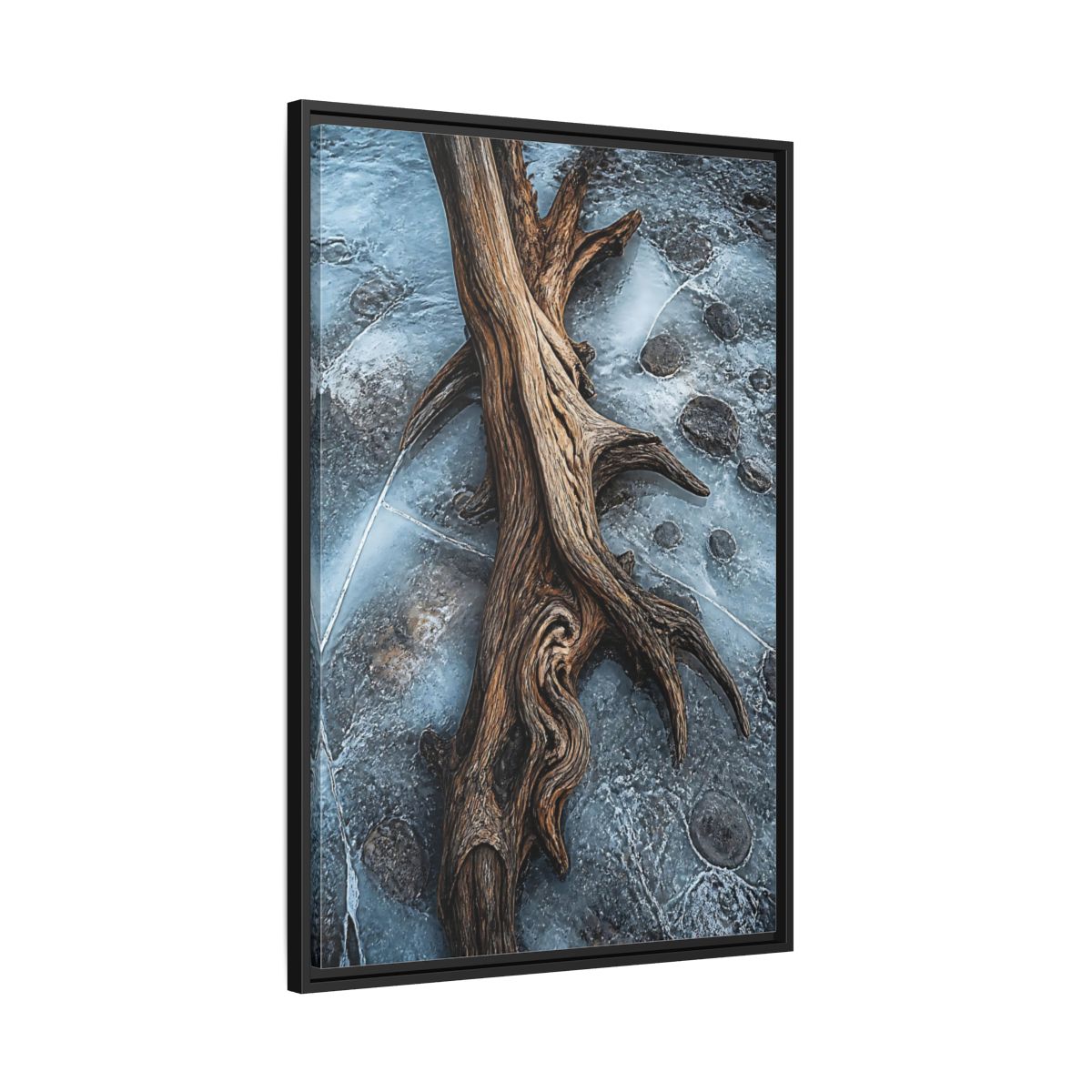 Side Mockup 13. Nature Driftwood Brown And Blue shown as stretched canvas wall art