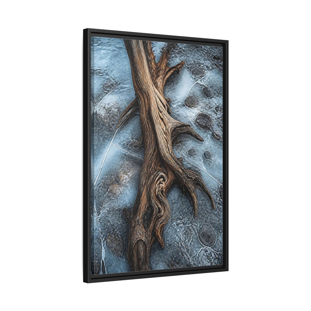 Side Mockup 14. Nature Driftwood Brown And Blue shown as stretched canvas wall art