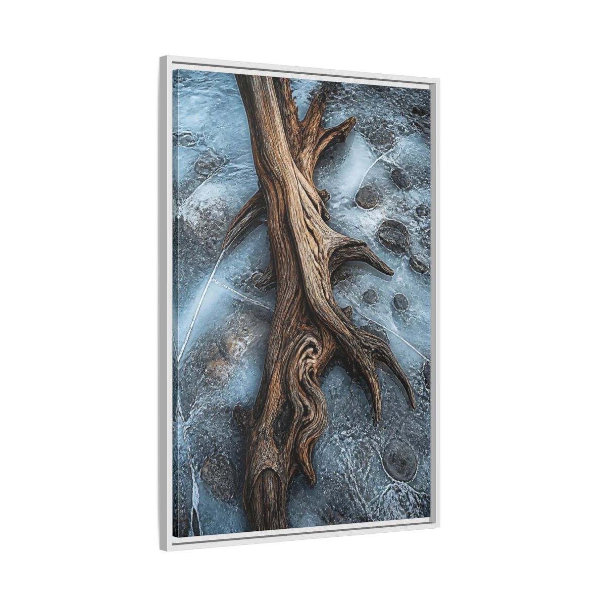 Side Mockup 9. Nature Driftwood Brown And Blue shown as stretched canvas wall art