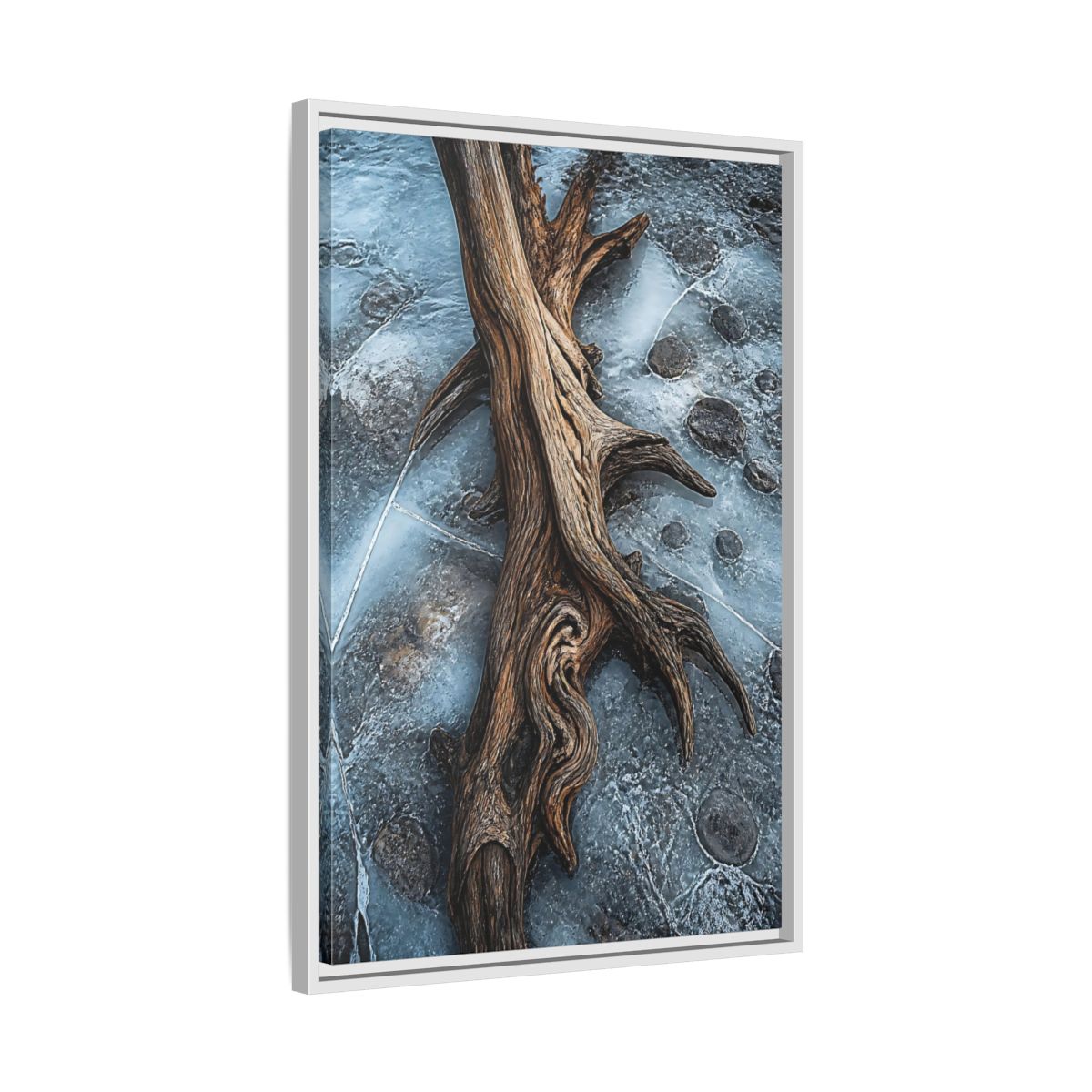 Side Mockup 10. Nature Driftwood Brown And Blue shown as stretched canvas wall art