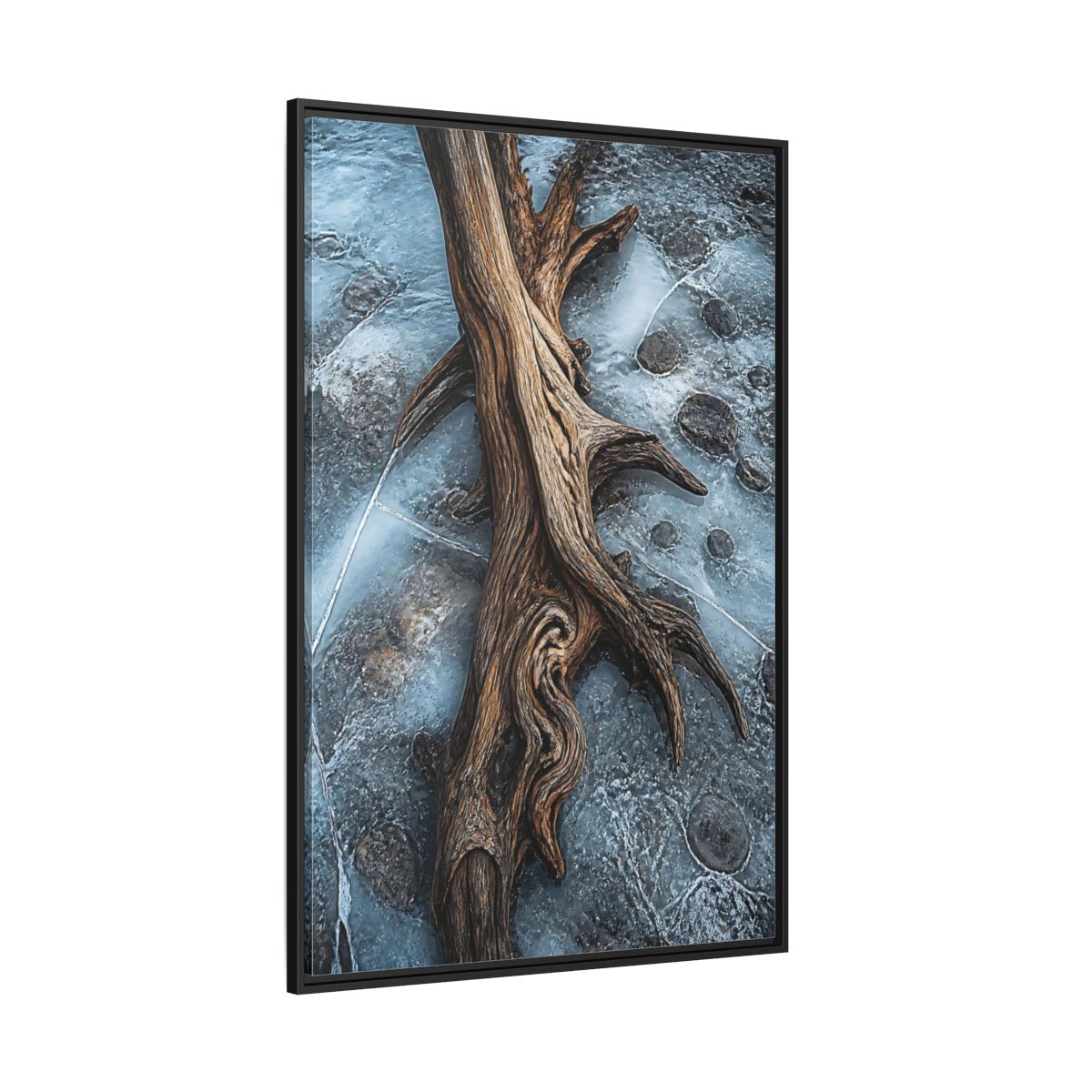 Side Mockup 12. Nature Driftwood Brown And Blue shown as stretched canvas wall art