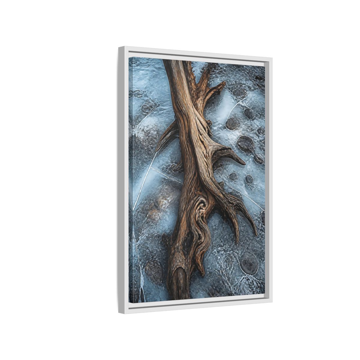 Side Mockup 1. Nature Driftwood Brown And Blue shown as stretched canvas wall art