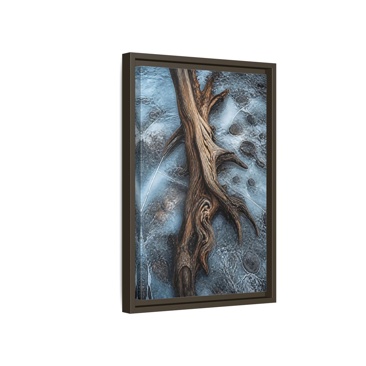 Side Mockup 5. Nature Driftwood Brown And Blue shown as stretched canvas wall art